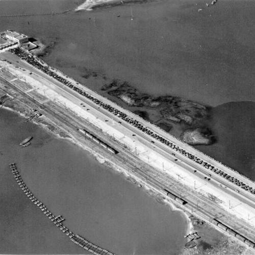 [Aerial view of Oakland approach to Bay Bridge and toll house]