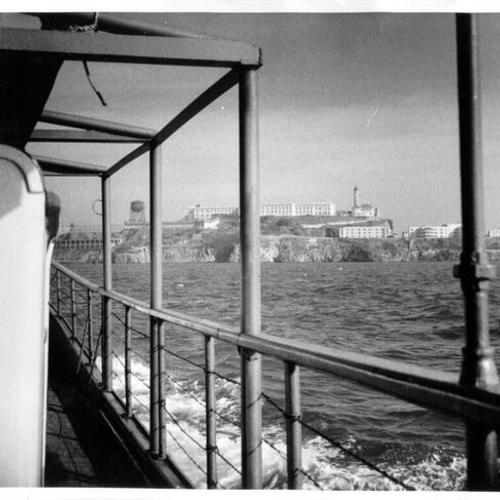 [View of Alcatraz Island Federal Penitentiary from a prison boat]