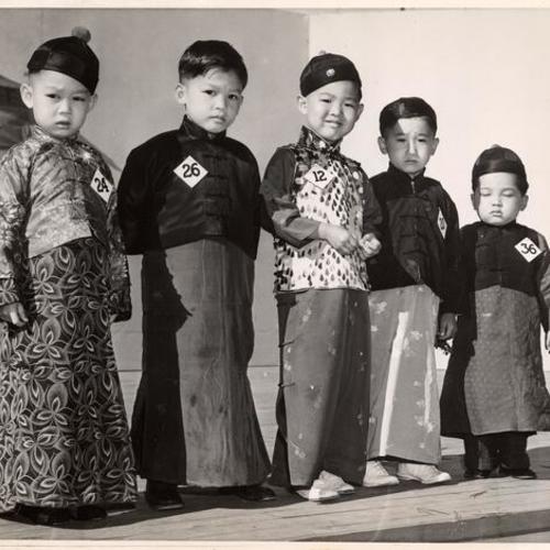 [Five Chinese boys in the "Cute Boys'" contest at the Chinese Village, Golden Gate International Exposition on Treasure Island]