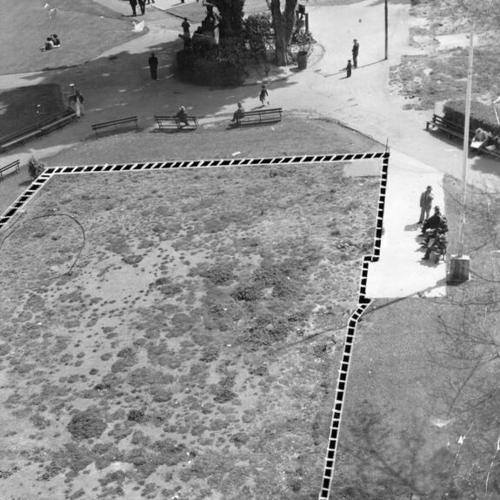 [Patch of grass in Portsmouth Plaza ruined after the removal of California Centennial celebration exhibit buildings]