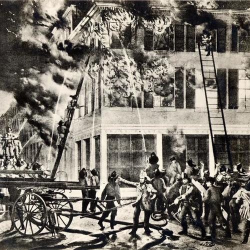 [Painting of Knickerbocker Fire Engine No. 5 fighting fire]