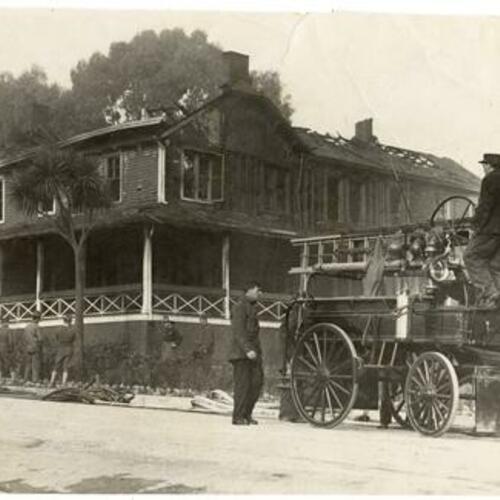 [Fire fighters putting out a fire at General Pershing's residence at the Presidio of San Francisco]