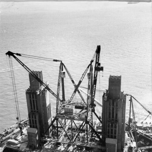 [Steel legs of Golden Gate Bridge south tower are attached to base]
