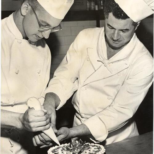 [City College of San Francisco student Harvey Hoyt working St. Francis Hotel pastry chef Stephen Vineys]