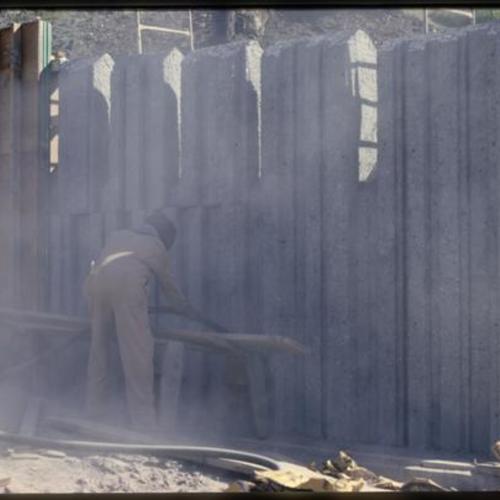 Construction in progress on retaining wall