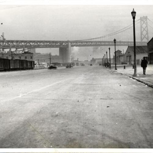[View of Embarcadero in early morning before arrival of longshoremen crews]