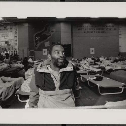 T.J. from the Tenderloin, who is experiencing homelessness, staying at the temporarily shelter on hangar deck of USS Pelelu after 1989 earthquake