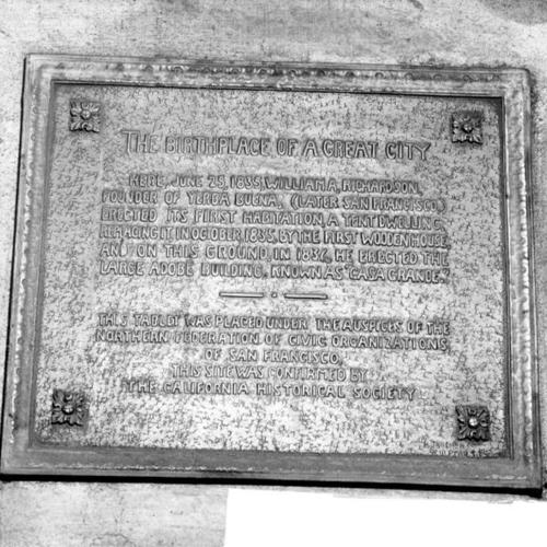 [Bronze tablet at 827 Grant Avenue marking the site of the first dwelling in San Francisco]