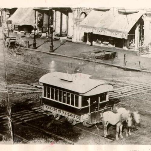 [Market Street Railway Company horse car in front of the Grand View Hotel]