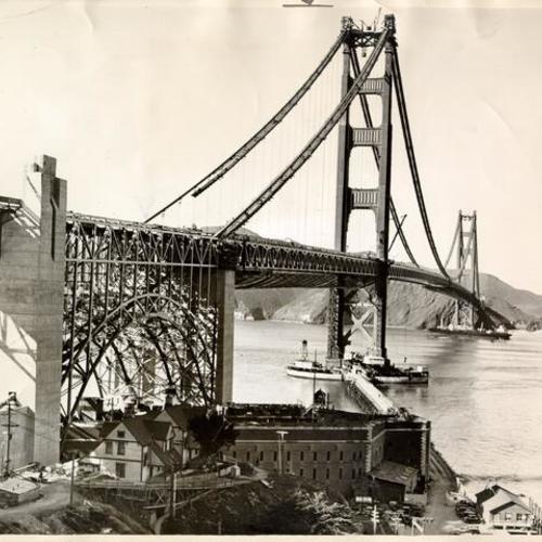 [Ships passing under Golden Gate Bridge during construction"