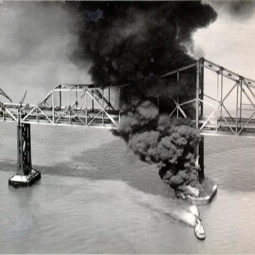 [Fireboat fighting a fire on the cantilever section of the San Francisco-Oakland Bay Bridge]