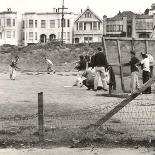 [Group of kids playing baseball at Upper Noe Valley playground at Church and Day Street]