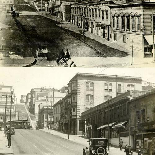 [Two photographs taped together of Kearny street]
