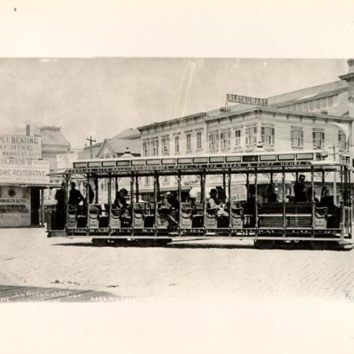 [Market Street Railway Company cable car at Larkin and Market streets]