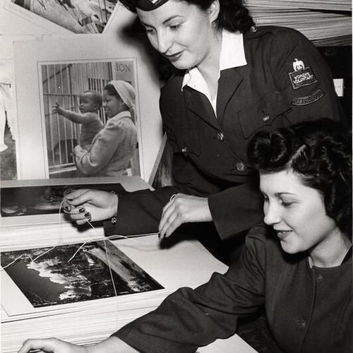 [Vicki Aguilar and Virginia Linden of the American Women's Voluntary Services (AWVS) working with photographs donated by the California Camera Club for hospital wards and camps]
