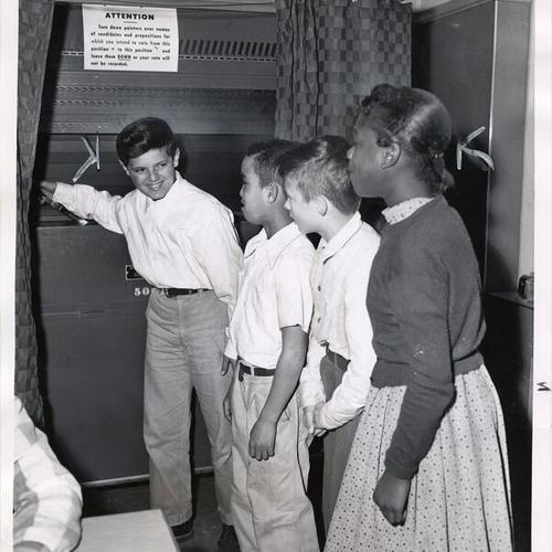 [Students at Bret Harte School lined up to vote for student body officers]