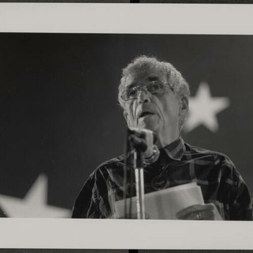 Daniel Berrigan reciting his poem "Violence and Non-Violence" at the Central YMCA Theater on October 23, 1988