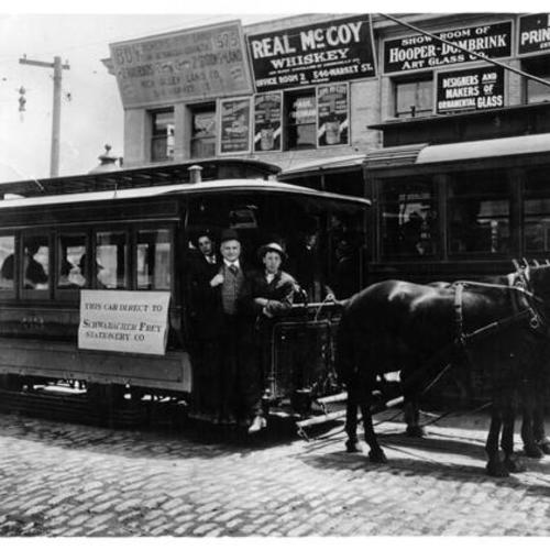 [Mayor James Rolph and others riding the Sutter Street horse car]