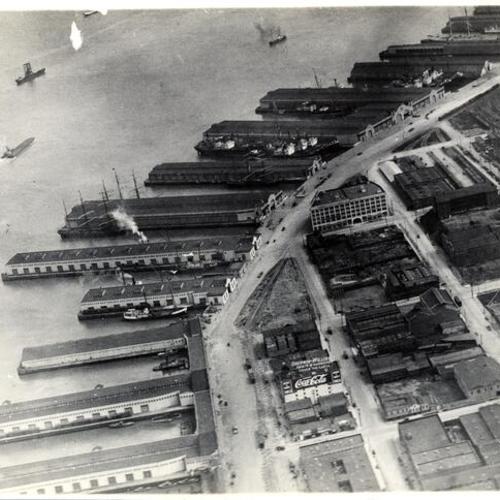 [Aerial view of San Francisco waterfront showing the Embarcadero and Harrison, Folsom Spear and Steuart streets]
