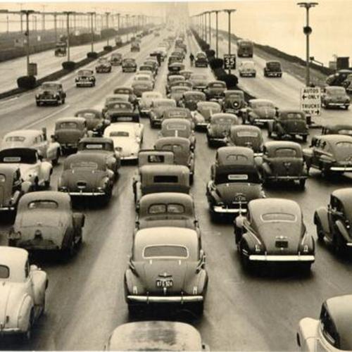 [Heavy west-bound traffic on the San Francisco-Oakland Bay Bridge]