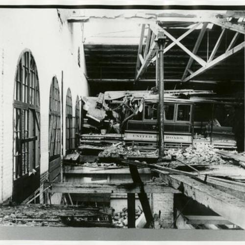 [Interior of the cable car barn after the 1906 earthquake]