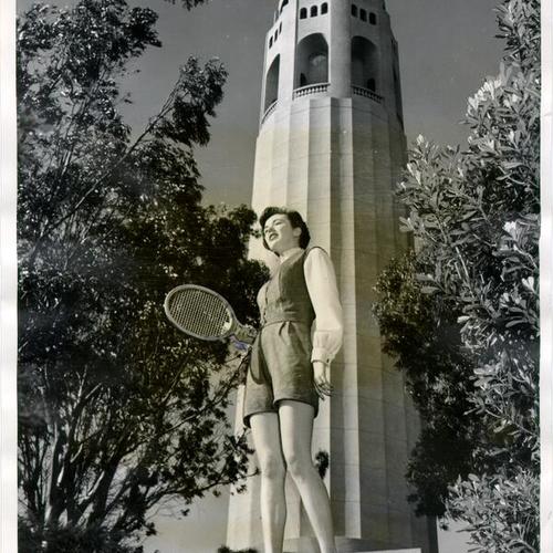 [Shirley Gallio modeling a tennis outfit in front of Coit Tower on Telegraph Hill]