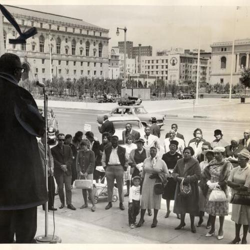 [Reverend A.J. White addressing a prayer meeting on the steps of City Hall]