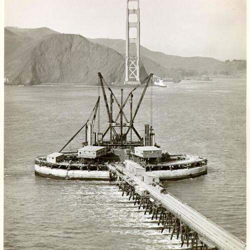 [Construction of the south tower of the Golden Gate Bridge]
