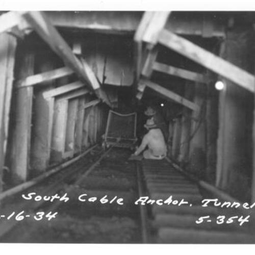 [Workmen working inside south cable anchorage tunnel during San Francisco-Oakland Bay Bridge construction]