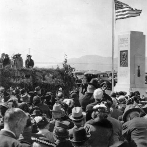 [Mrs. Arthur Page unveiling memorial executed by Haig Patigian and donated by Major Edward Bowes at Marina Park]