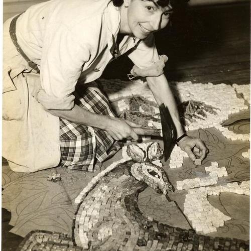 [Miss Maxine Albro of the Federal Art Project assembling a marble mosaic for San Francisco State Teacher's College Hall of Natural Science]