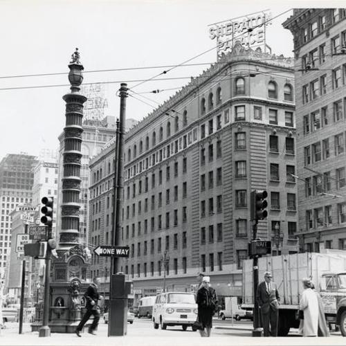 [Market Street showing the Sheraton Palace Hotel and the Lotta Crabtree fountain]