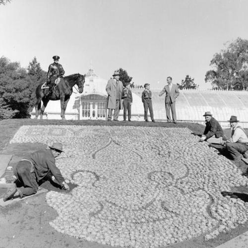 [Gardeners preparing a floral display honoring Boy Scout Week outside the Conservatory of Flowers in Golden Gate Park]