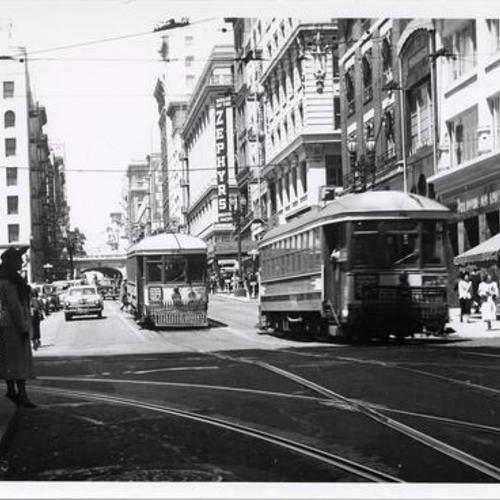 [Stockton and Geary streets looking north at northbound "F" line car 8 approaching southbound "F" car 24]