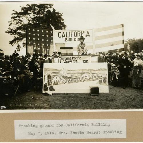 Breaking ground for California Building - May 7, 1914. Mrs. Phoebe Hearst speaking