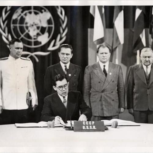 [Delegates from Russia signing charter at United Nations Conference, 1945]