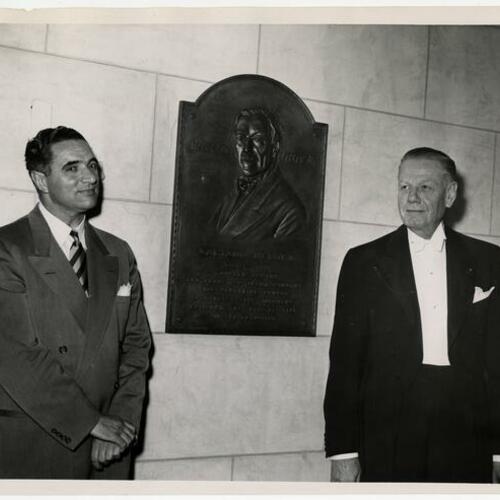 George Christopher and Robert Watt Miller standing with Gaetano Merola memorial plaque
