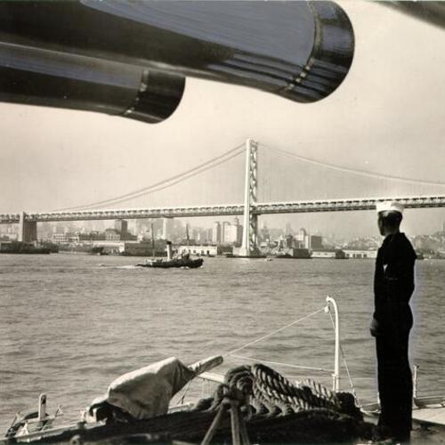 [View of the San Francisco-Oakland Bay Bridge from the deck of the U. S. S. Pennsylvania]