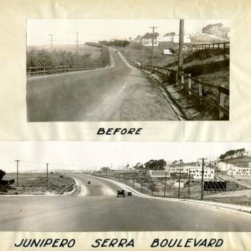 [Two photopirnts on one sheet, one before and after photo, of Junipero Serra Boulevard]