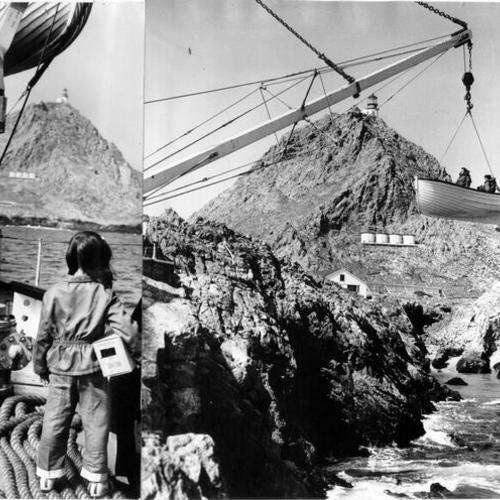 [Five-year-old Linda Jackson and her family being transported to their home on the Farallon Islands]