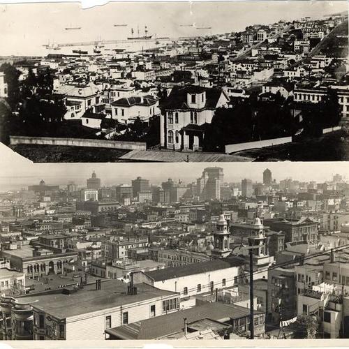 [Two views of lower Market Street, one picture taken in the era of the clipper ships and the other taken in the 1920's, showing the difference in the shoreline]