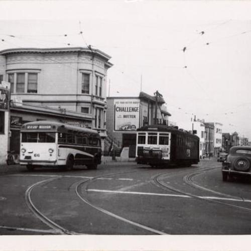 [26th and Mission streets showing Market Street Railway car 807 on #30 Line Circus shuttle and Motor Coach 66 on #27 line]