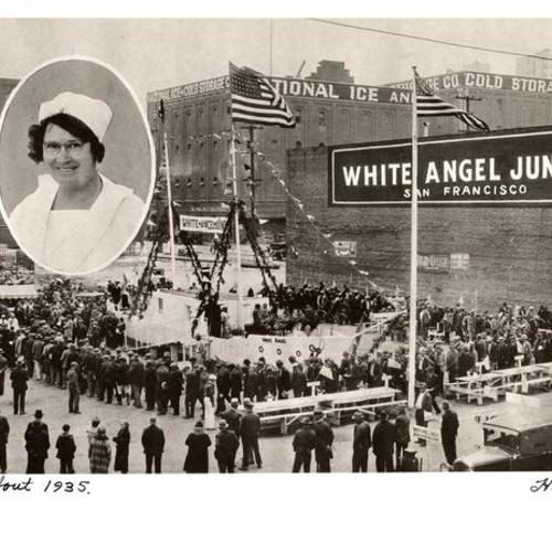 [White Angel Jungle soup kitchen located on the Embarcadero near Filbert street with inset of the White Angel, Lois Jordan]