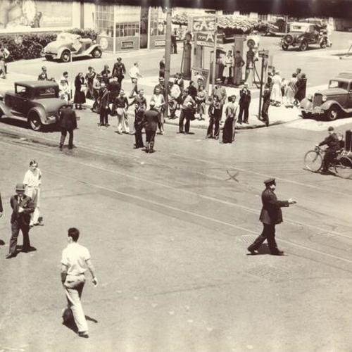 [Street scene at gas station during Waterfront strike of 1934]