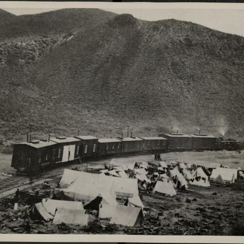 Chinese camp and construction train in Nevada during building of the first transcontinental railroad