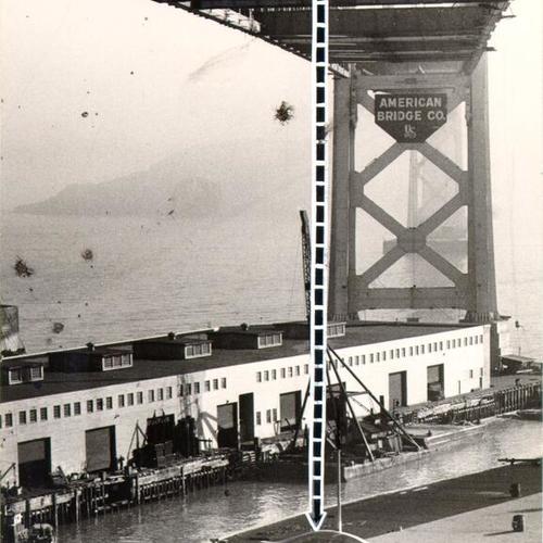 [View of the underside of the San Francisco-Oakland Bay Bridge while under construction, with a diagram showing where bridge worker Charles Bazzill fell to his death]