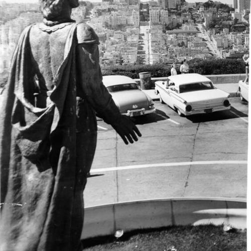 [View of Russian Hill from behind the statue of Christopher Columbus on Telegraph Hill]