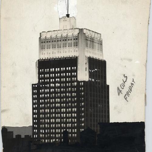 [View of the Pacific Telephone & Telegraph Company building at night]
