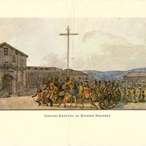 [Watercolor "Indians Dancing at Mission Dolores" by Louis Choris]