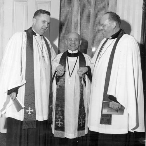[Dr. J. G. Dorn of St. Mark's Lutheran Church (center) with pastors Dr. Franklin Clark Fry (left) and Dr. James P. Beasom (right)]